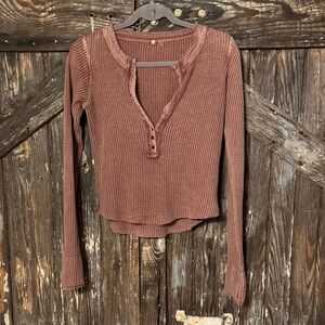 Free People Long Sleeve Waffle Henley — Rust Brown